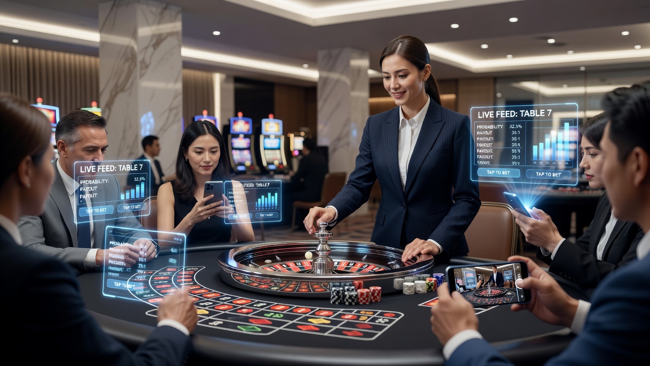 Mobile device displaying augmented reality overlays on a live dealer blackjack table with digital betting chips and statistics