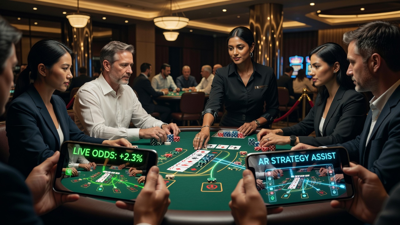 Close-up of augmented reality interface showing player statistics and virtual chips overlaid on a roulette wheel via smartphone camera