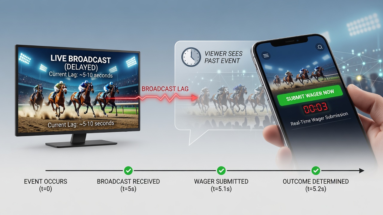 Split-screen view comparing a delayed television broadcast of a soccer match with synchronized live betting odds and timestamped wager logs