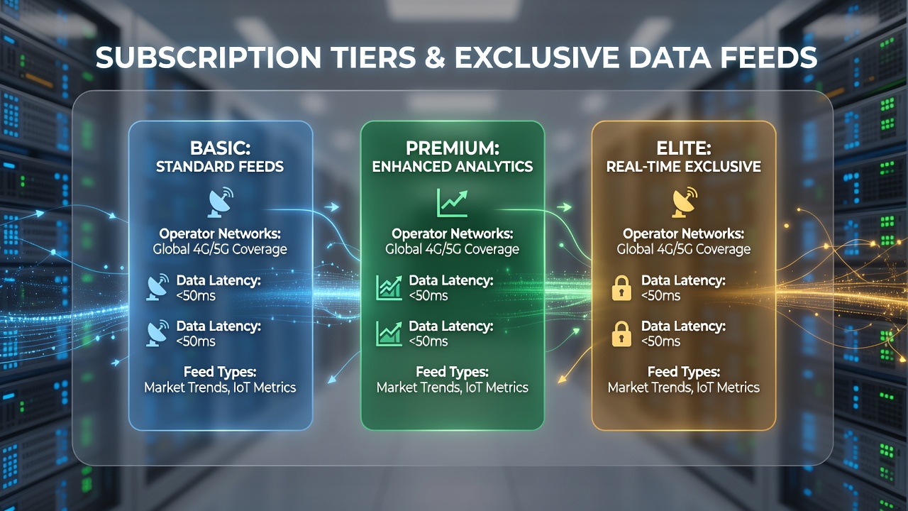 Diagram showing layered subscription tiers for data feeds across mobile operator networks with icons for basic, premium and enterprise access levels