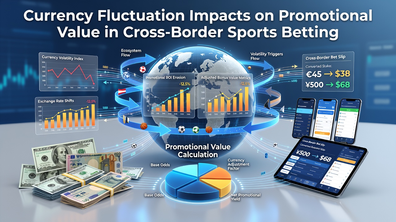 Currency exchange rate charts overlaid on sports betting promotion interfaces showing value adjustments across borders