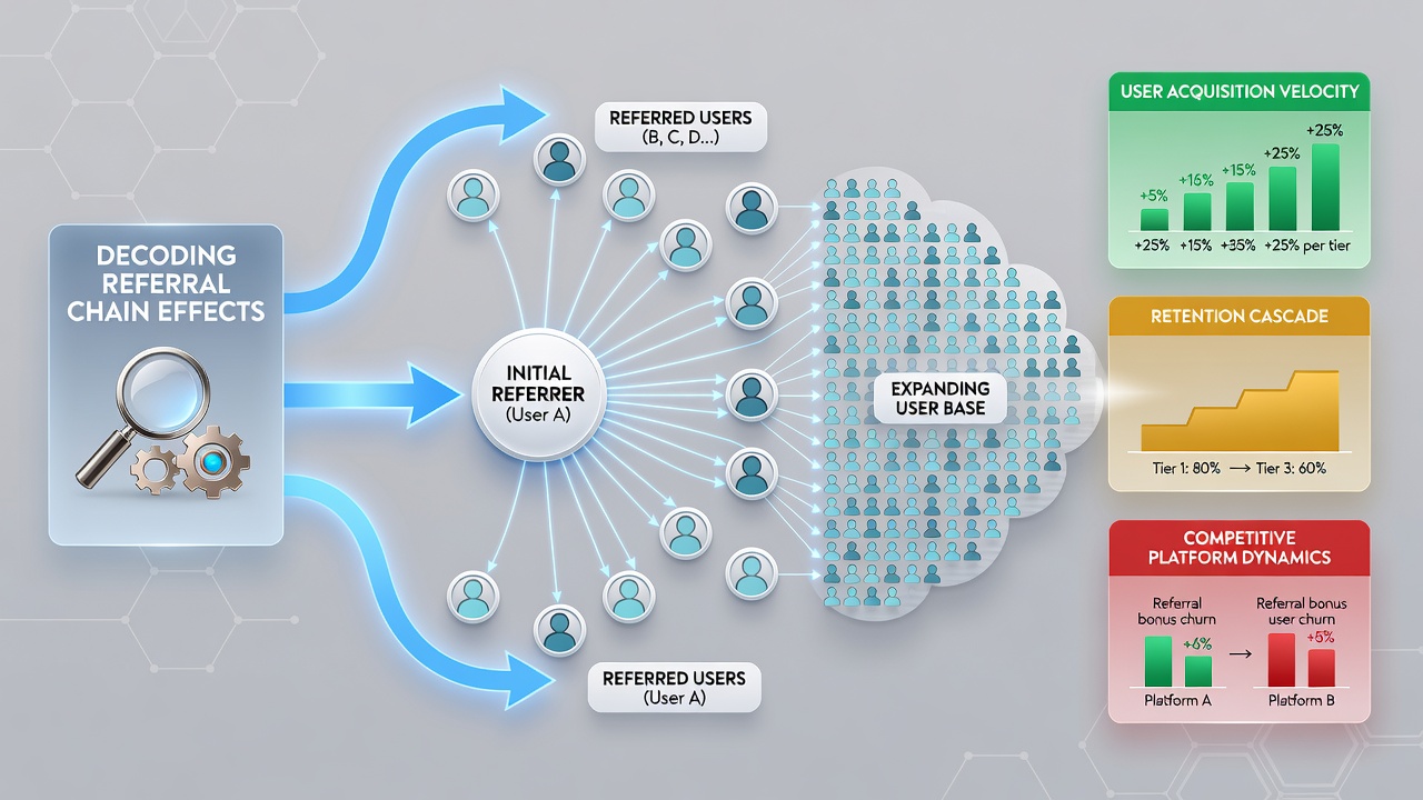 Network diagram showing multi-level referral connections and user growth patterns