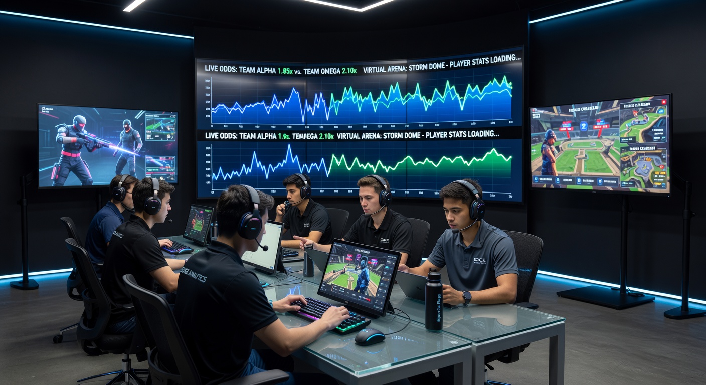 Close-up of a bettor analyzing live esports odds on a multi-monitor setup during a major tournament final