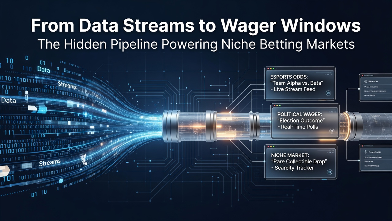 Complex data visualization dashboard showing real-time streams feeding into betting market interfaces