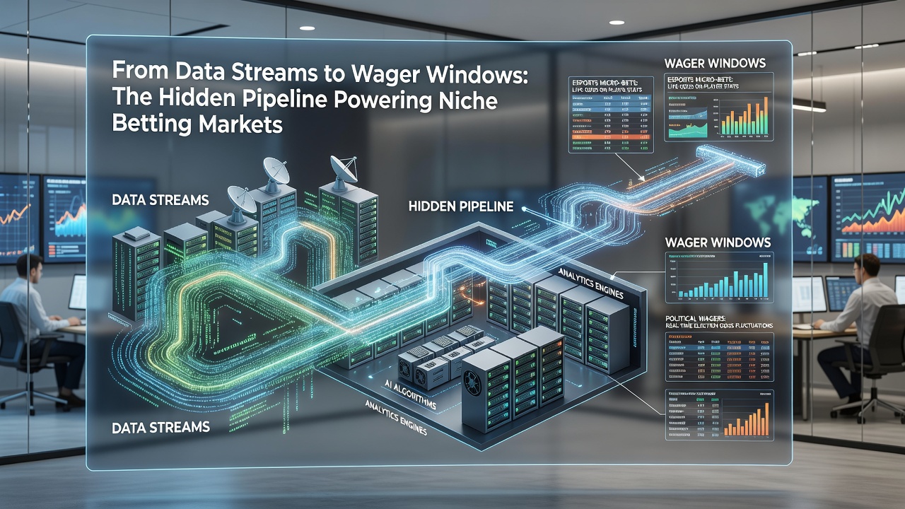 Network diagram illustrating data flow from sensors and satellites through processing servers to mobile betting applications