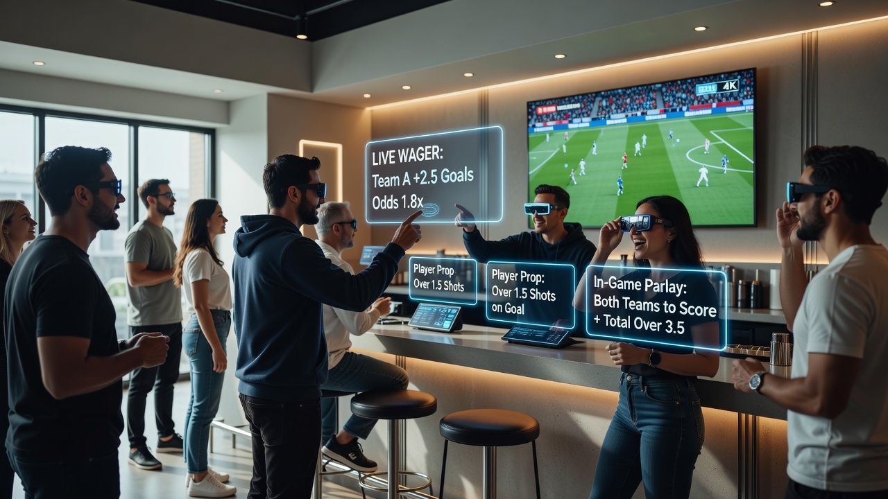 AR interface showing overlaid betting odds on a live sports field viewed through a mobile device