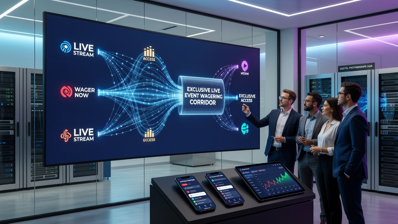 Illustration of connected streaming and wagering platforms with live event data flows