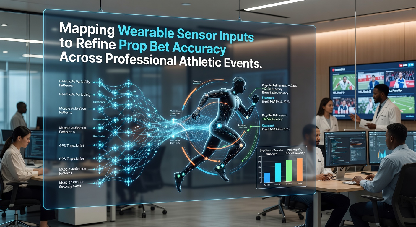 Athletes equipped with wearable sensors during a professional sports event, showing data streams integrated into betting analytics platforms
