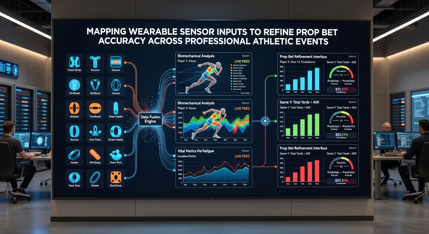 Data visualization dashboard displaying real-time wearable sensor outputs mapped to prop bet probabilities for an NBA game