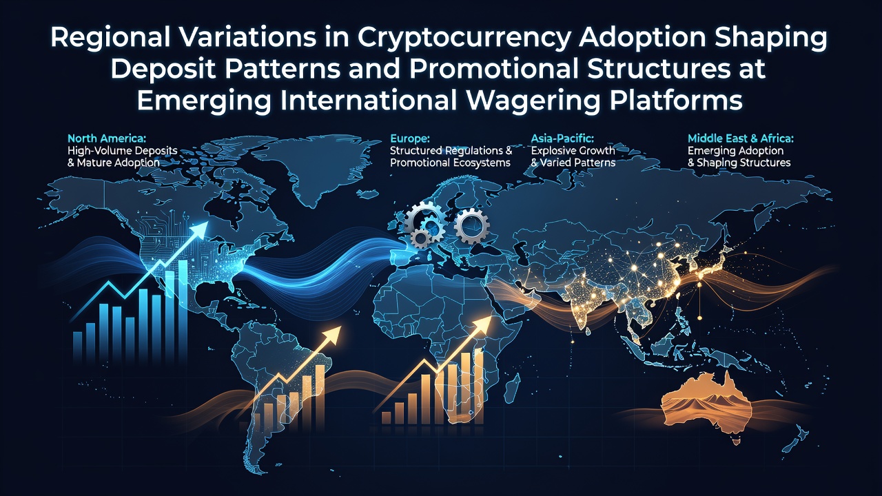 Global map showing cryptocurrency adoption rates across different regions with icons representing betting platforms and digital wallets