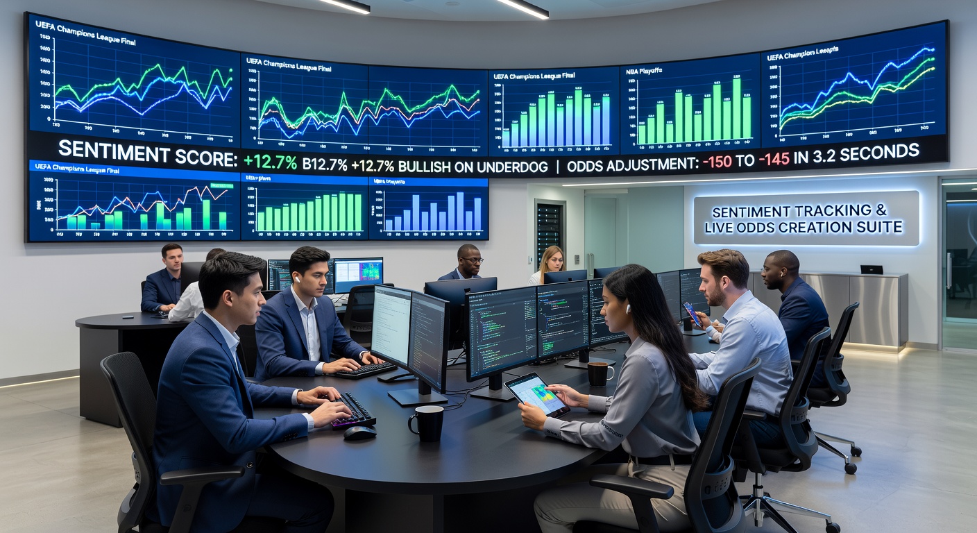 Live trading desk where analysts monitor sentiment scores alongside statistical models during an ongoing sports event