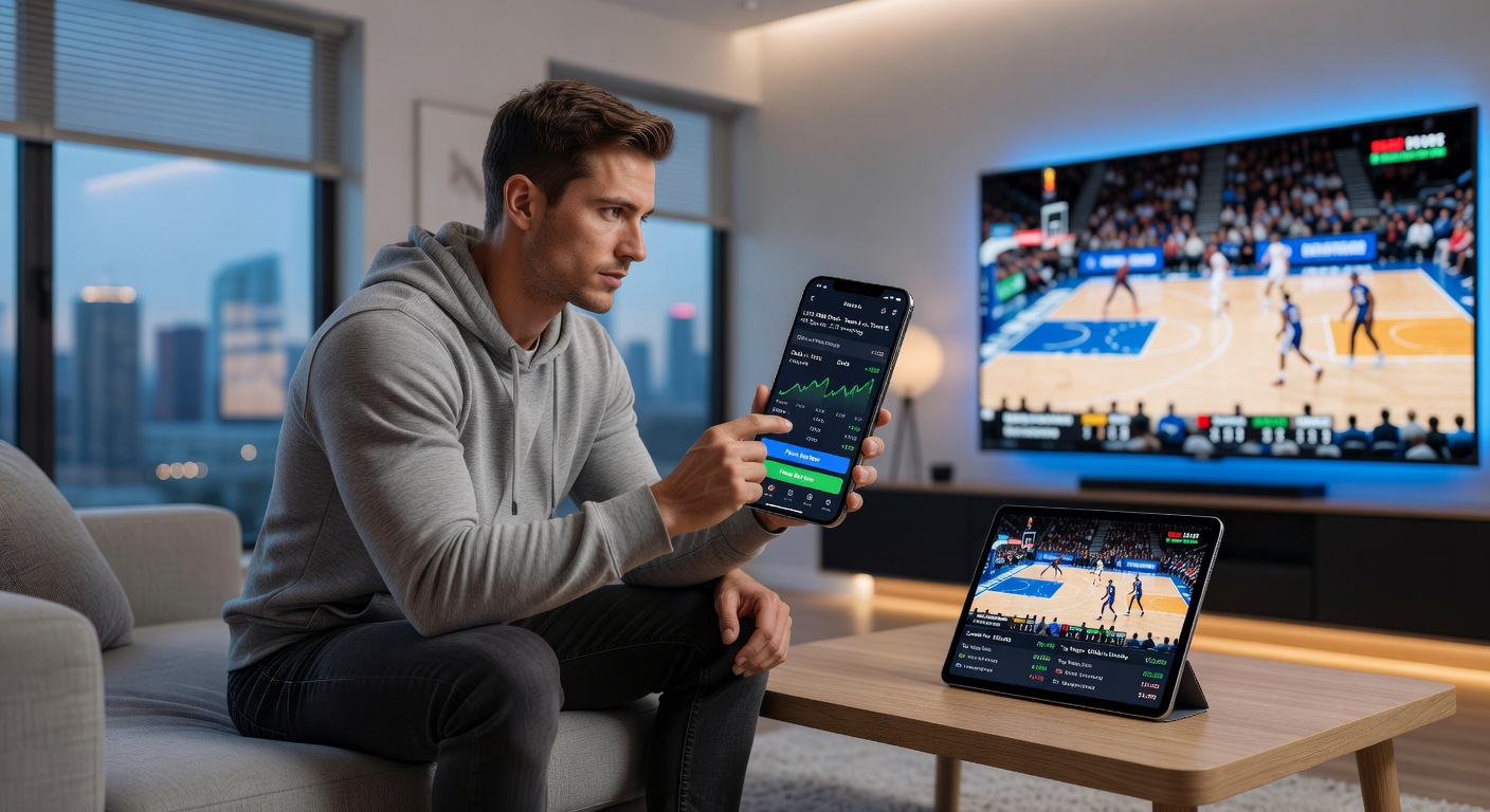 Close-up of a hand holding a phone with live NFL game streaming and dynamic betting markets updating in real time
