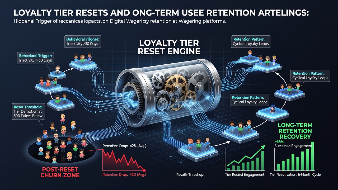 Illustration showing loyalty tier progression and reset cycles at digital wagering platforms with user retention graphs