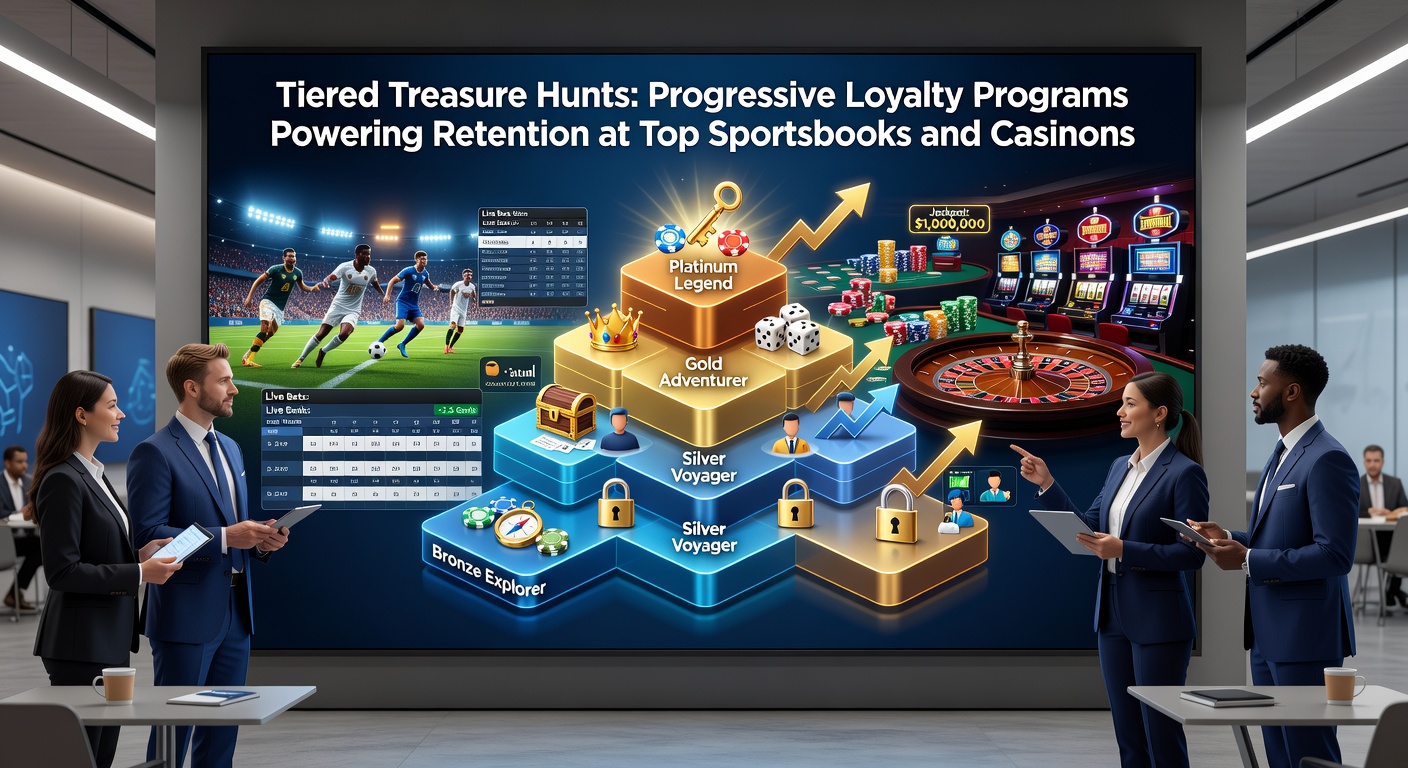 Vibrant graphic showing layered treasure chests unlocking rewards in a digital sportsbook interface, symbolizing tiered loyalty progression
